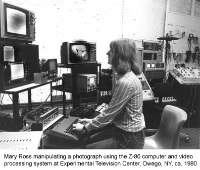 Mary Ross manipulating a photograph using the Z-80 computer
and video processing system at the Experimental Television Center, Owego, NY, ca. 1980